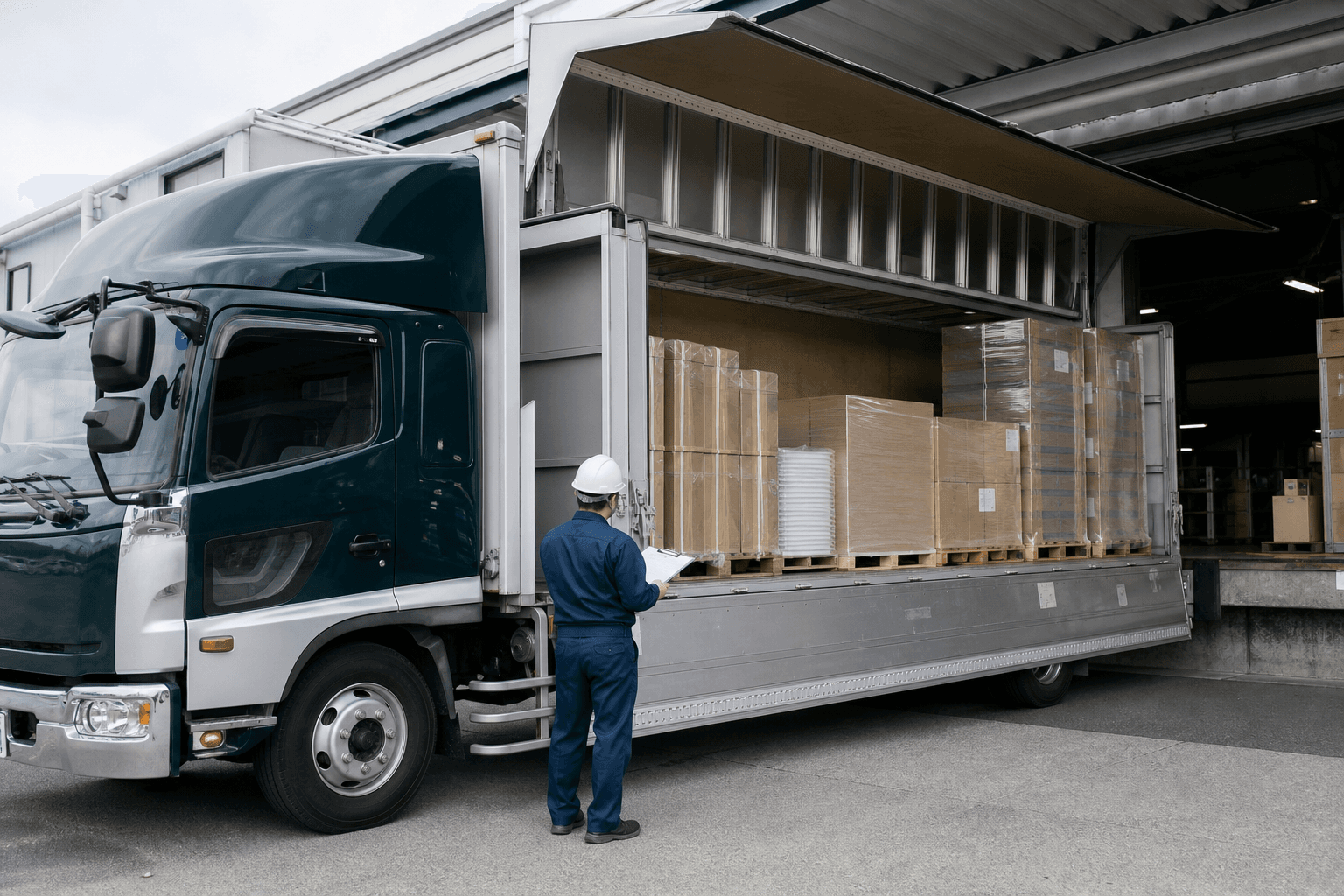 倉庫で荷物を確認し出発準備をする輸送の様子
